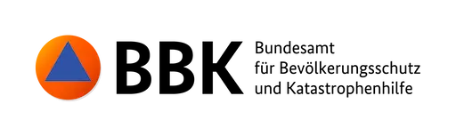 Logo des Bundesamtes für Bevölkerungsschutz und Katastrophenhilfe (BBK) mit einem blauen Dreieck in einem orangefarbenen Kreis – Symbol für Zivilschutz und Krisenmanagement in Deutschland.