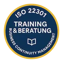 ISO 22301 Trainings- und Beratungslogo für Business Continuity Management mit blauem Kreis, goldener Umrandung und weißer Schrift.